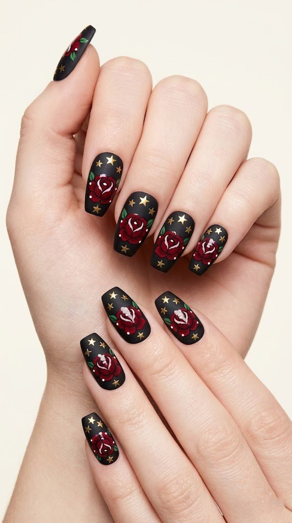 black matte 4th of july nails with deep red roses and metallic gold star clusters
