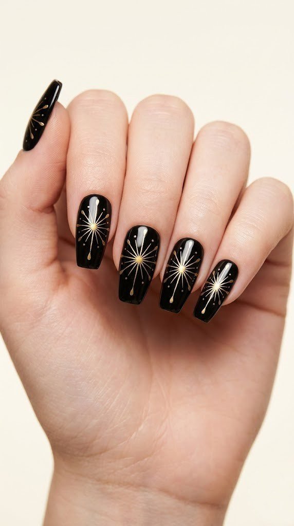 black glossy nails with single centered metallic gold firework burst for elegant 4th of july nails