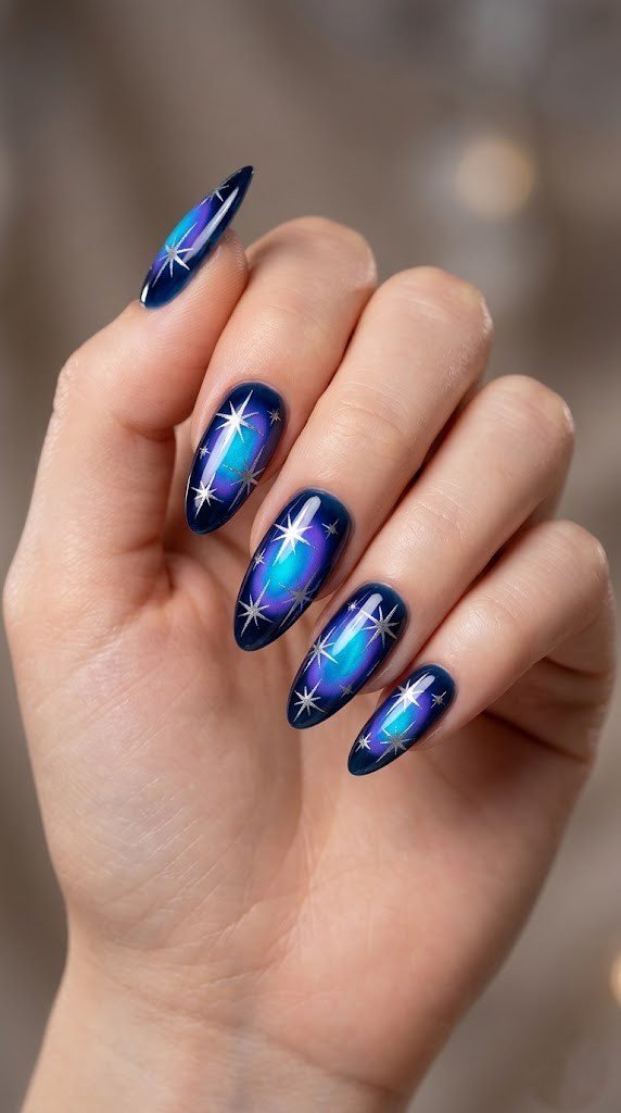 Deep navy and cosmic purple velvet cat-eye nails with silver chrome starbursts and star details