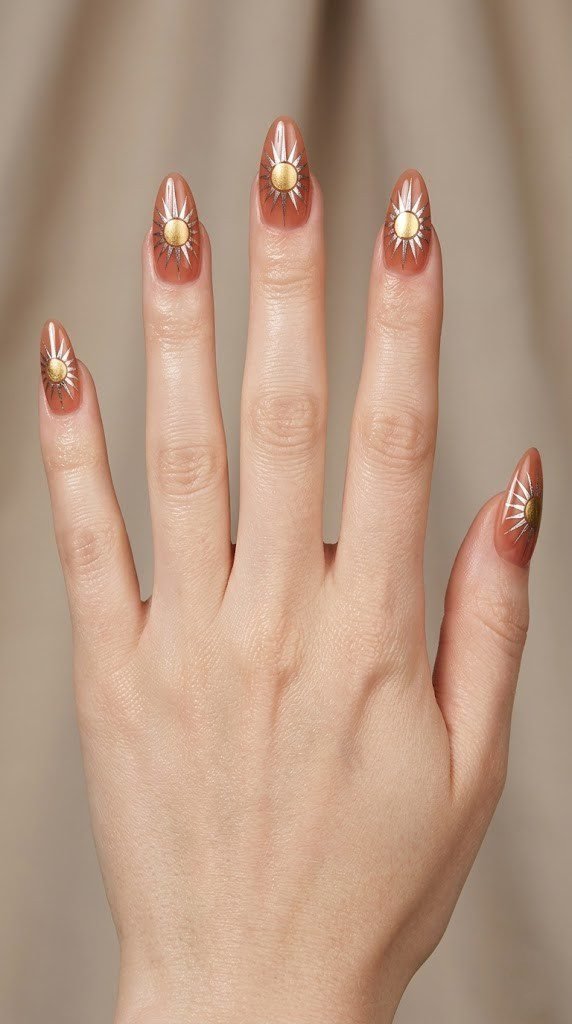 Terracotta orange almond nails with gold circle sun and silver radiating sunbeam design
