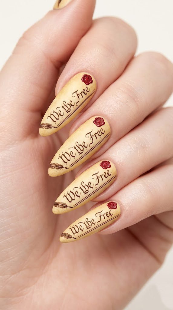 we the free calligraphy nails on aged parchment matte background with red wax seal