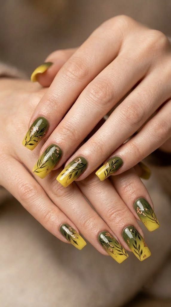 Olive moss to citrine fall nail colors gradient on long square nails