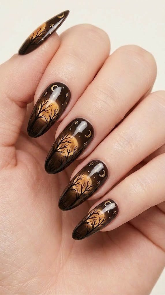 dark espresso oval nails with harvest moon and bare tree silhouettes in liquid gold