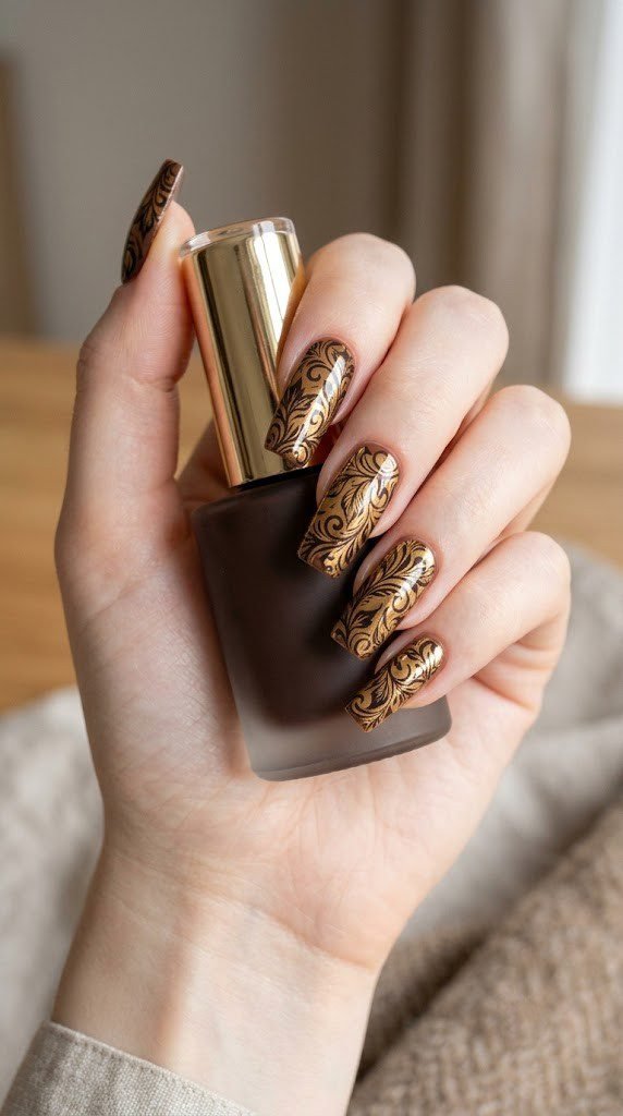 Matte espresso almond nails with Venetian damask and autumn leaf silhouettes in gold chrome