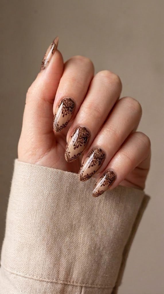 tea beige gel nails with dark chocolate Victorian lace patterns and mirror gloss finish