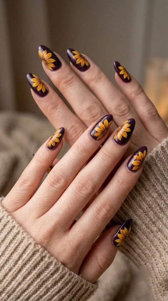 Dark fig purple fall nail ideas with painted marigold petals