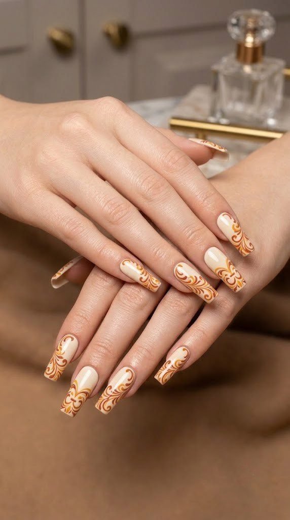 Linen cream square fall nail ideas with saffron and terracotta vines