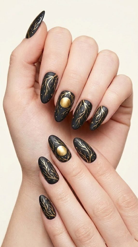 charcoal black almond nails with liquid gold weeping willow branches and harvest moon accent