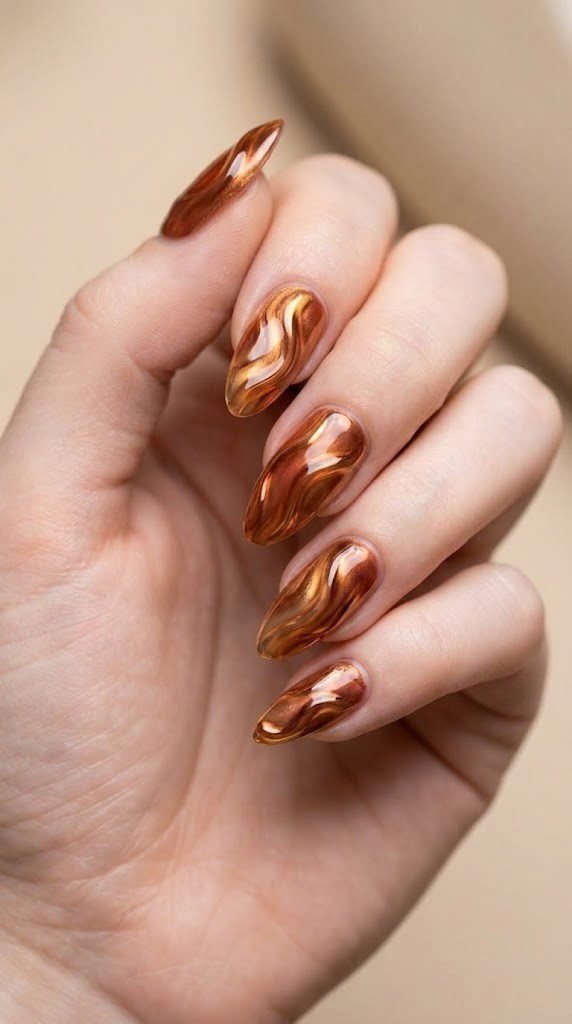 Long almond nails with molten copper and honey-gold abstract swirl design on terracotta base