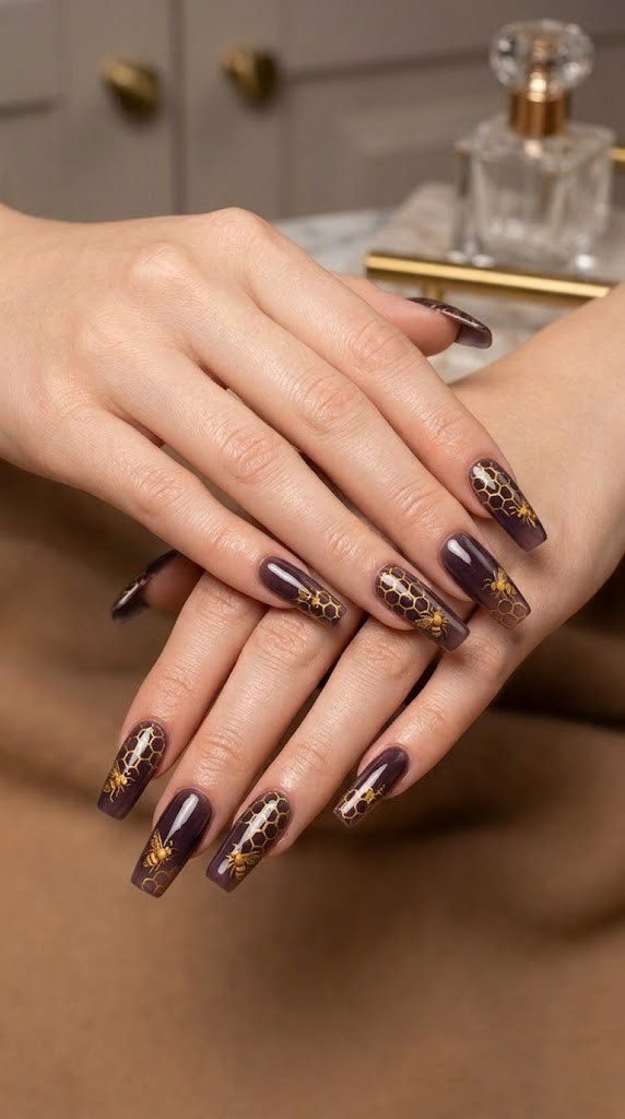 Smoked plum fall nail colors with golden honeycomb lattice on almond nails