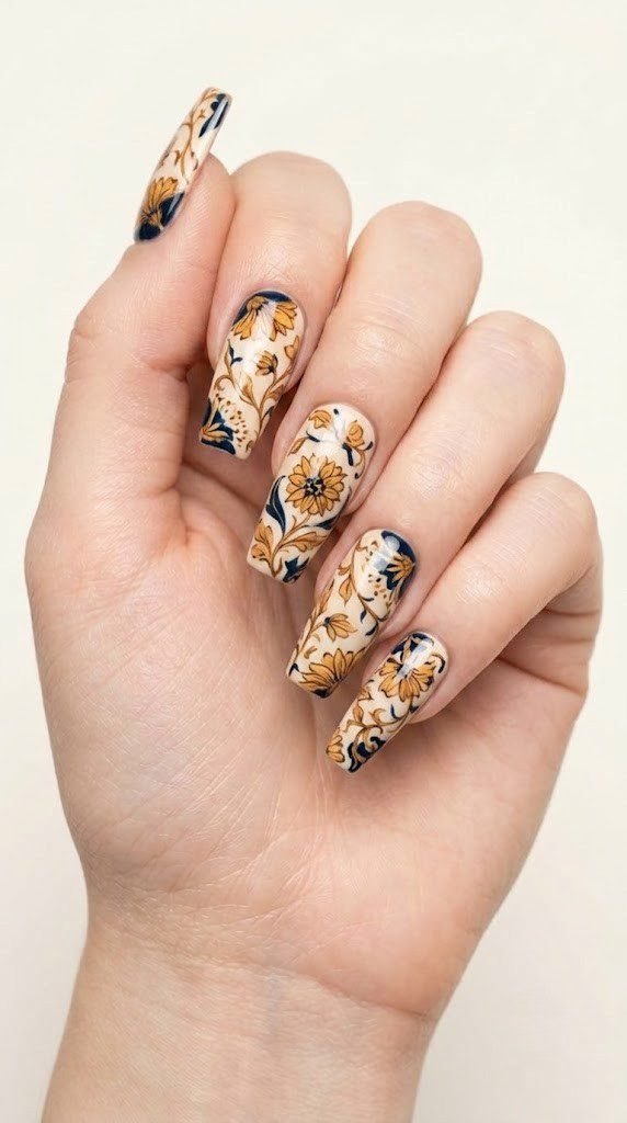 long square nails with withered marigold and navy floral motifs on matte cream base glossy coat
