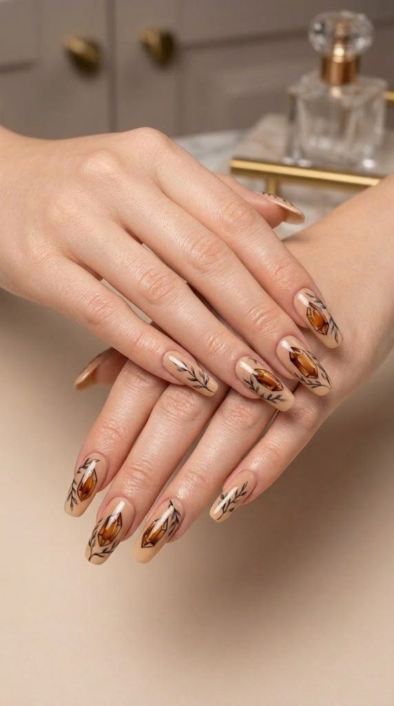 Toasted beige fall nail ideas with amber crystal motifs on oval nails
