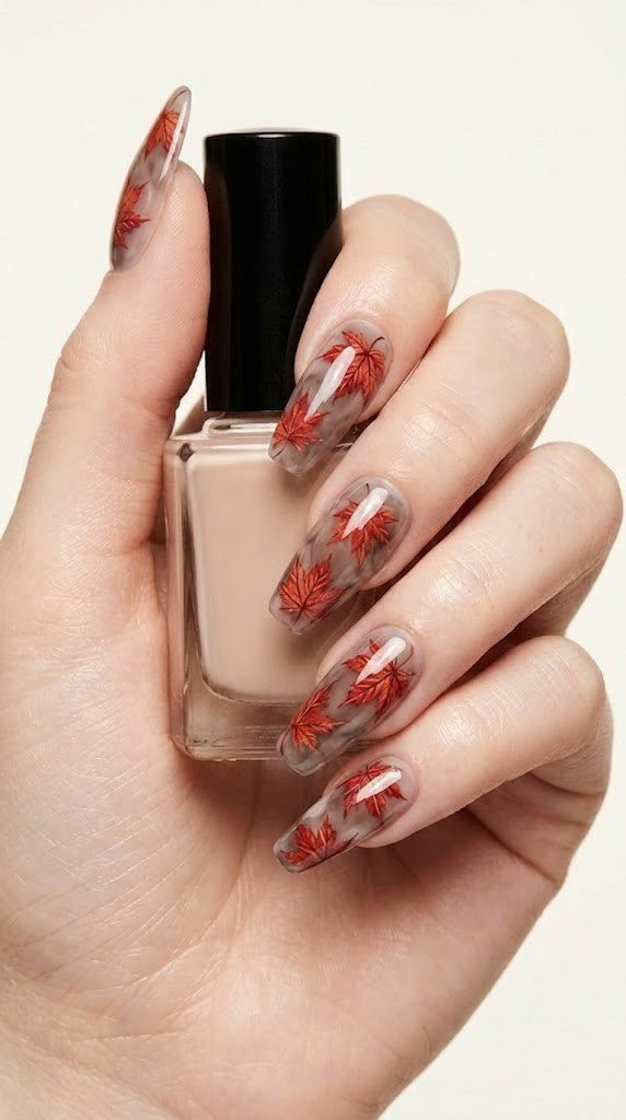 long almond nails with micro-painted crimson maple leaves on smoky quartz semi-translucent gel base