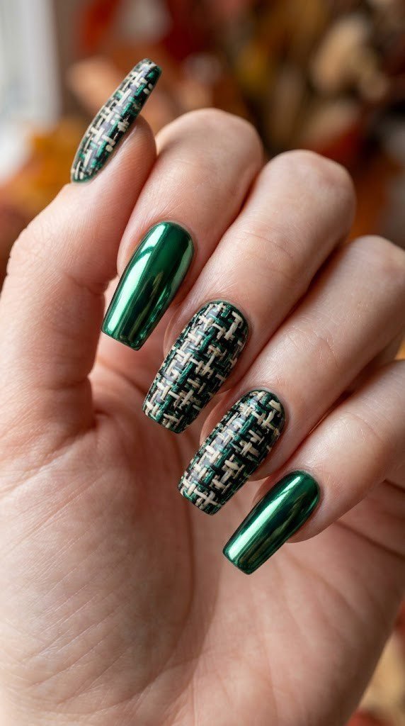mirror emerald chrome nails with hand-painted luxury tweed accent design in matte black and cream