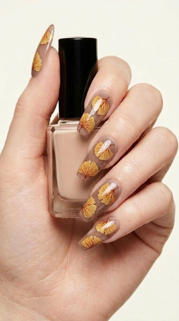 long almond nails with golden aspen leaves and burnt sienna veins cascading on toasted nude base