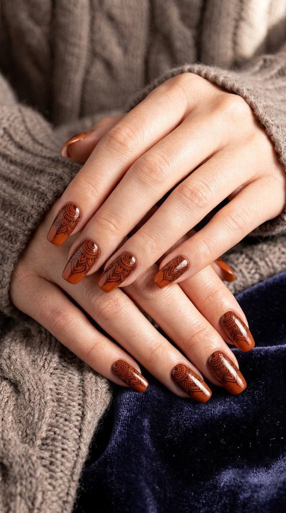 Long square nails with espresso henna mandala lace illustration on burnt sienna orange gel