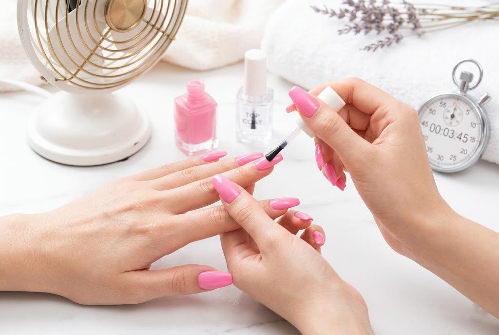 Woman applying top coat to pink nails with a fan and stopwatch on the table showing nail polish dry time