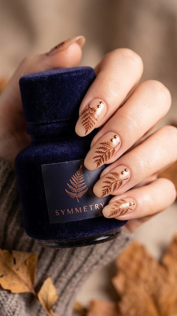 Long oval nails with copper chrome dried fern sketches on sheer toasted vanilla gel base