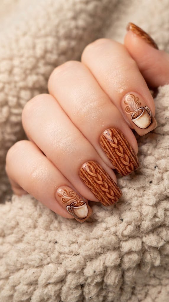 long square nails with cable knit sweater pattern in cinnamon tones and steaming mug accent nail