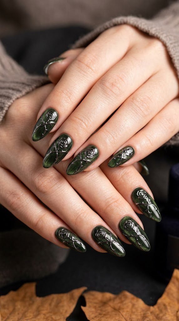 Long almond nails with gunmetal chrome gothic ironwork on dark moss green magnetic velvet gel