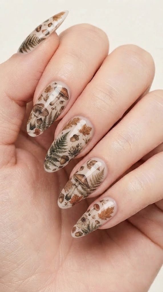long almond nails with fine-line mushroom fern and acorn botanical illustrations on sheer parchment gel base