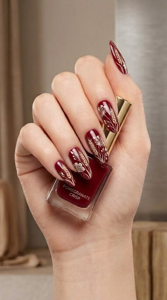 Pomegranate red fall nail ideas with dried wheat stalk detailing