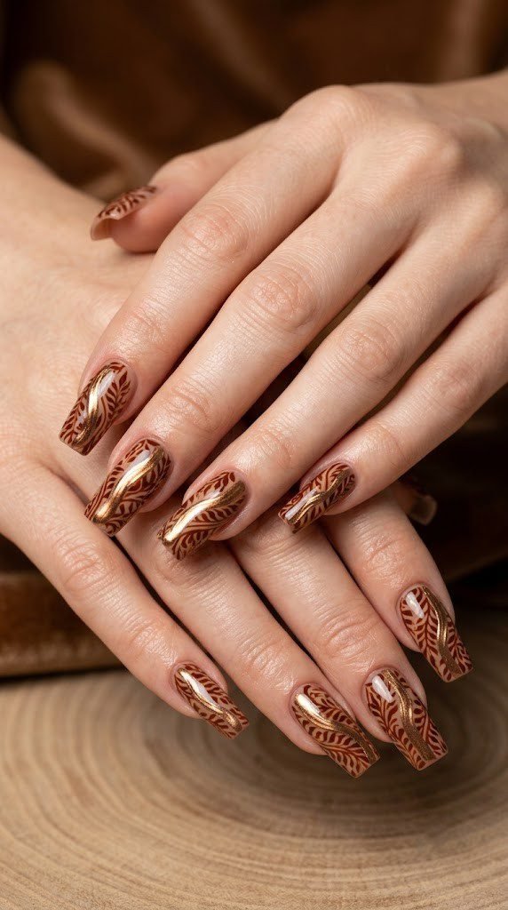 sheer toasted vanilla gel nails with dark terracotta henna-style foliage fine line art on long oval