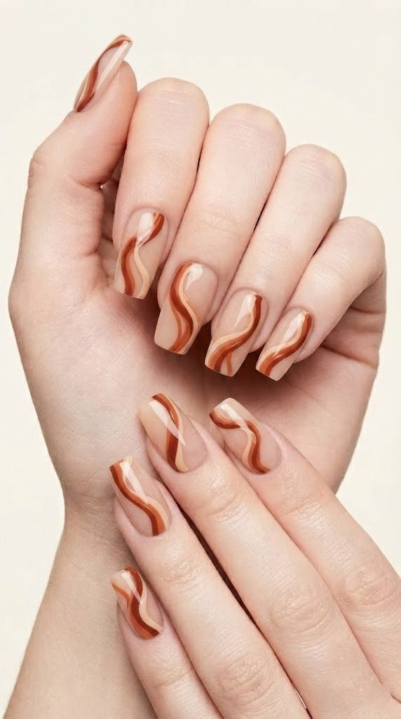 long square nails with terracotta cinnamon and beige abstract ribbon swirls on translucent nude gel base