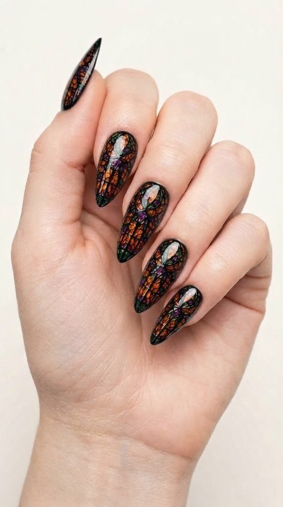 long oval nails with burnt orange amethyst and forest green jewel mosaic on black ink lines