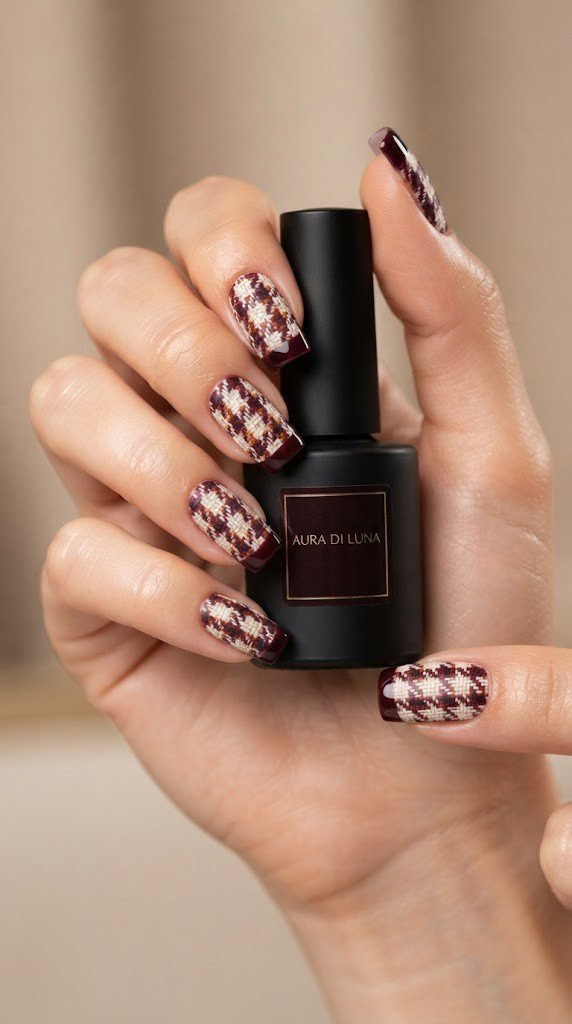 velvety matte wine red square nails with high-fashion tweed accent nails in burgundy and pumpkin tones