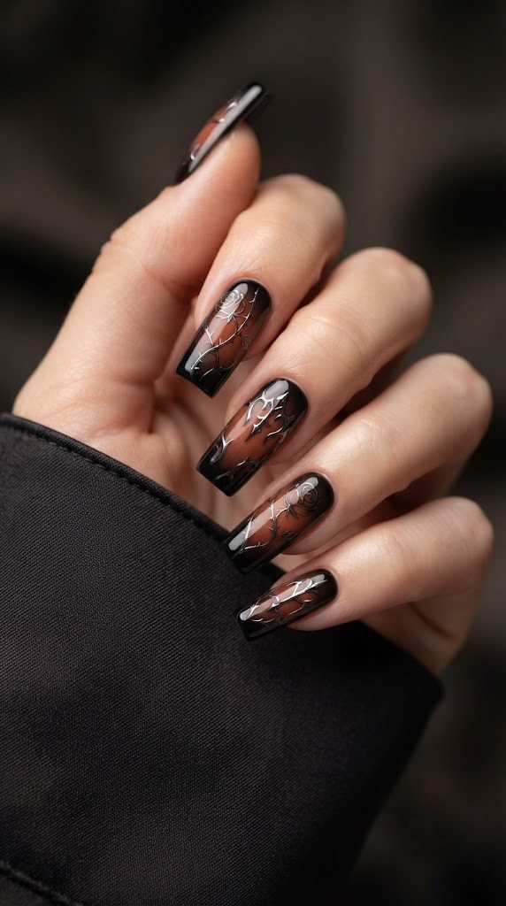 dark terracotta to jet black aura gradient square nails with gunmetal gothic ironwork and rose stem art