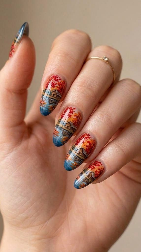 Long almond nails with tiny lakeside autumn cabin surrounded by crimson maple trees miniature art
