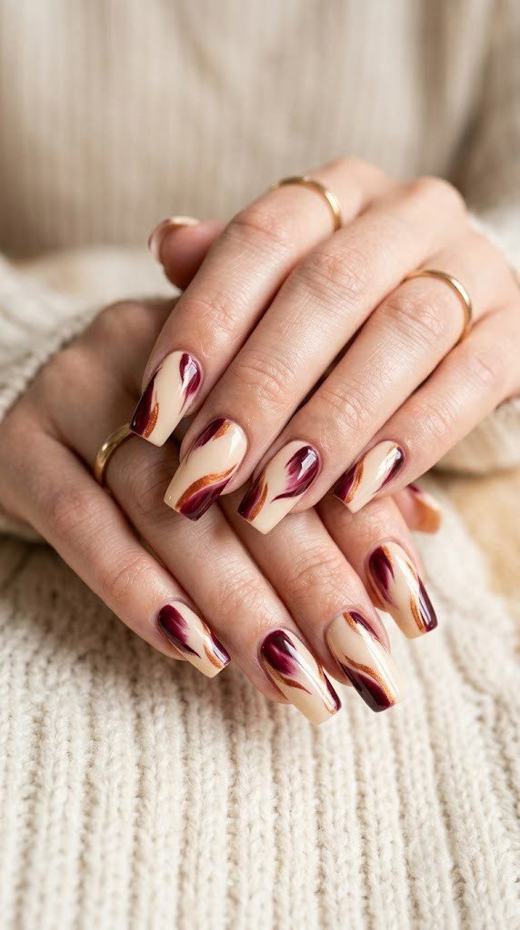 Ivory base cute fall nail ideas with dahlia wine and copper brush strokes
