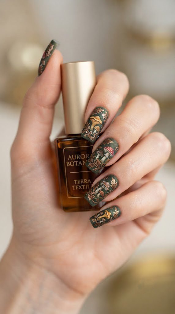 deep moss green velvet square nails with miniature mushroom illustrations and metallic bronze filigree leaves