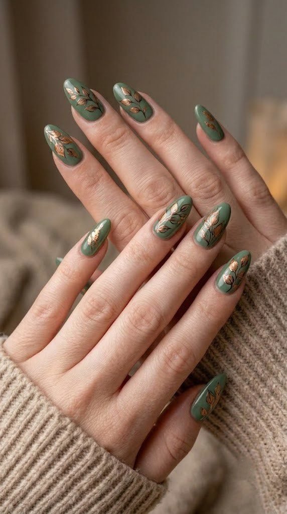 Green oval fall nail art ideas with copper eucalyptus leaf sketches
