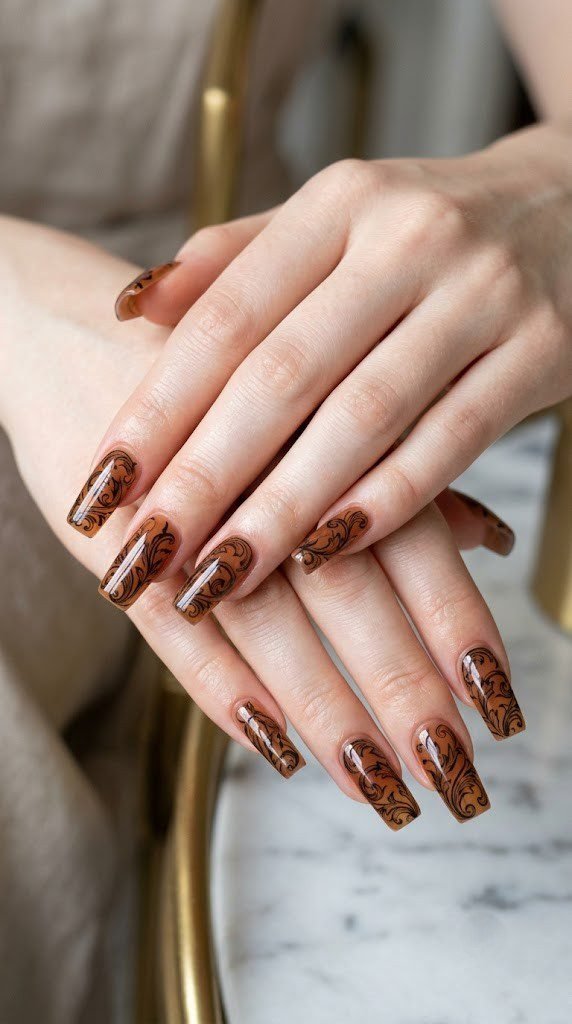 Long square nails with ornate Renaissance baroque scrollwork in charcoal on smoked amber jelly gel