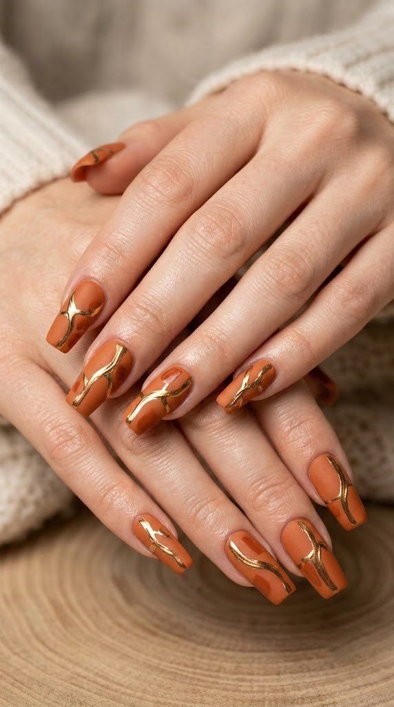 Long oval nails with matte burnt orange terracotta kintsugi design with liquid gold leaf line accents