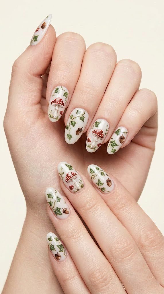 long oval nails with speckled forest toadstool and ivy botanical illustrations on milky white gel base