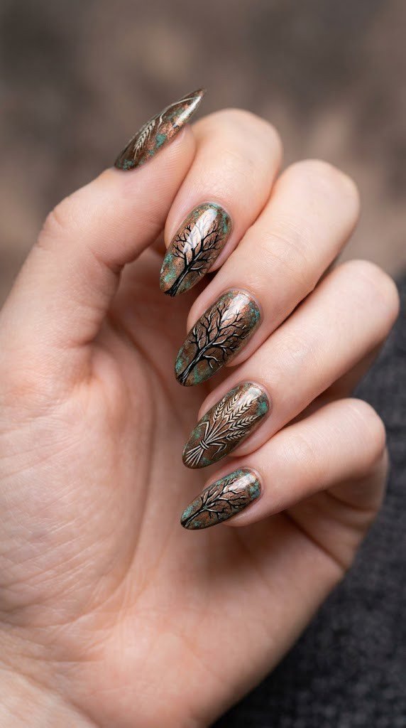 patinated bronze copper finish nails with matte black and white bare tree and wheat sheaf illustrations