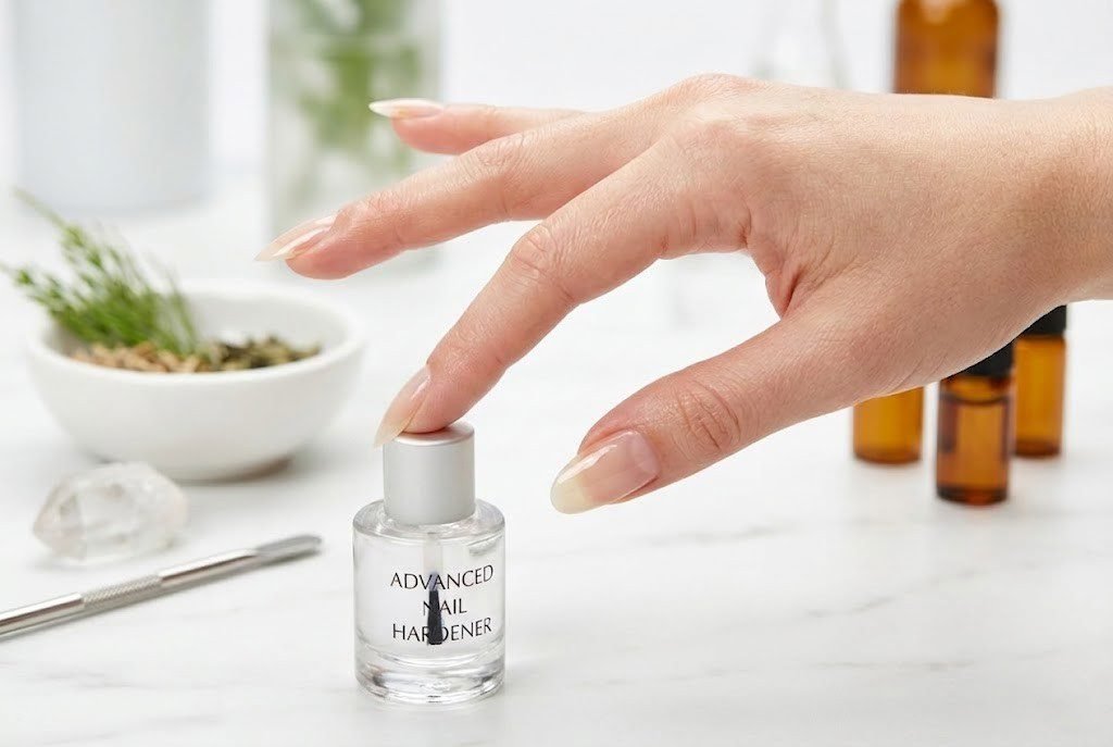Hand with long natural nails reaching for a nail hardener bottle on marble surface with essential oil bottles in the background