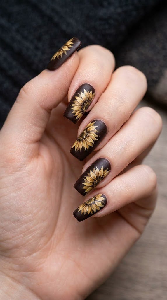 Velvety cacao fall nail colors with wilting sunflower illustration art