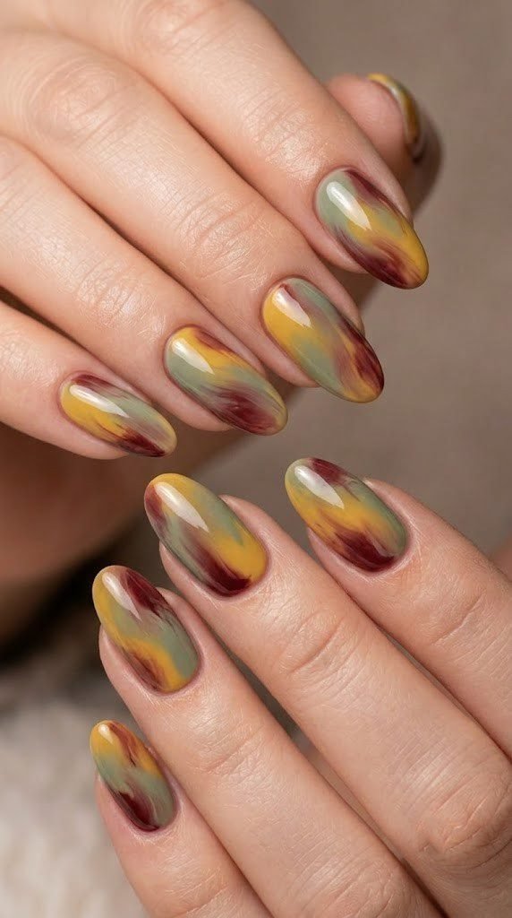 Long oval nails with abstract oil painting harvest brushstrokes in mustard yellow sage and deep maroon