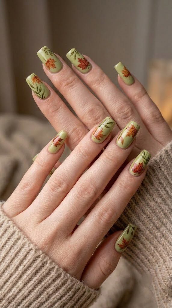 Matcha green fall nail ideas with amber and terracotta maple leaf art
