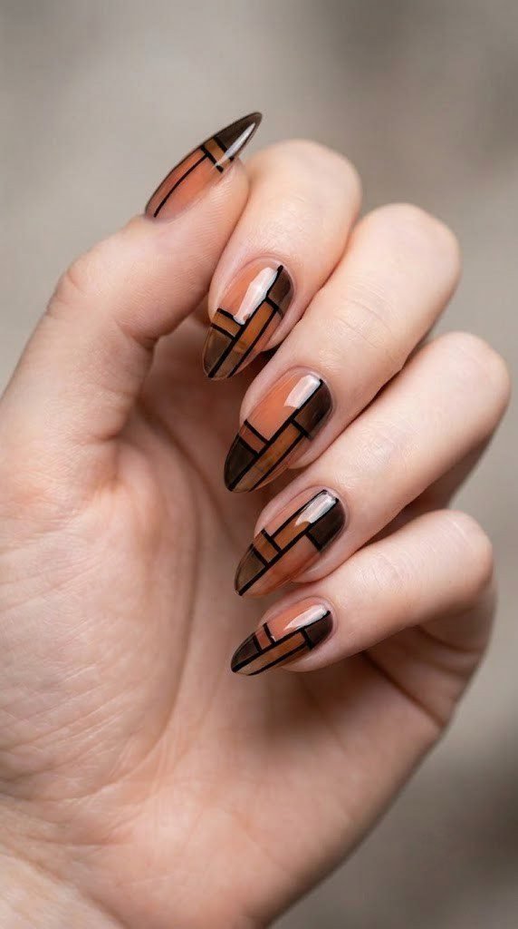 Long almond nails with modern stained-glass geometric abstract in smoked amber burnt peach and espresso gel