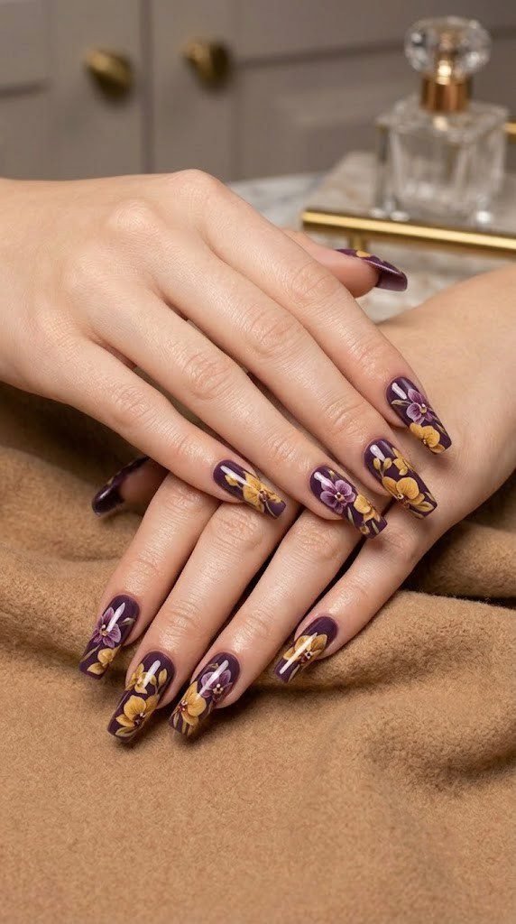 Deep plum fall nail art ideas with wild orchid to ochre bloom illustration