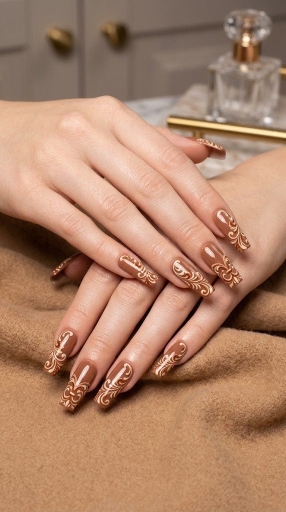 chestnut brown gel square nails with hand-painted cream and burnt sienna antique filigree patterns