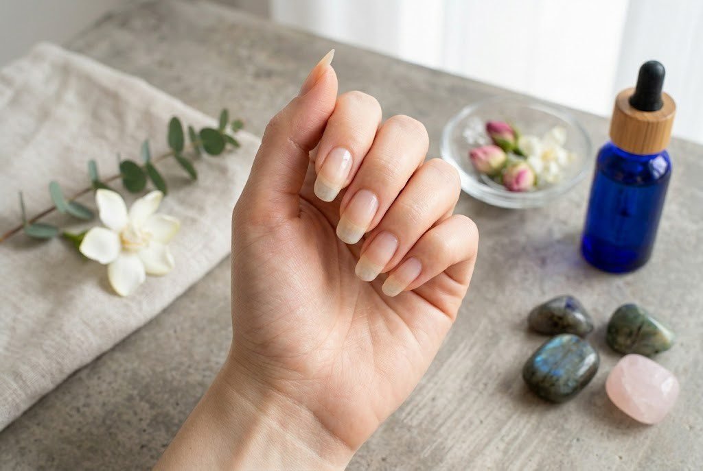 Squoval nails filed short with rounded corners on natural nail beds