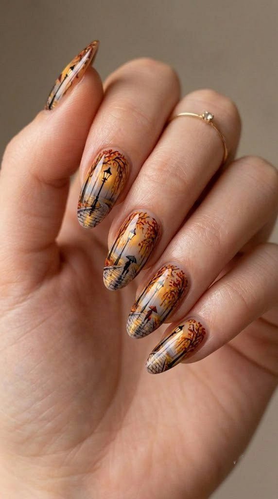 Long almond nails with miniature rainy autumn park scene illustration in amber and russet