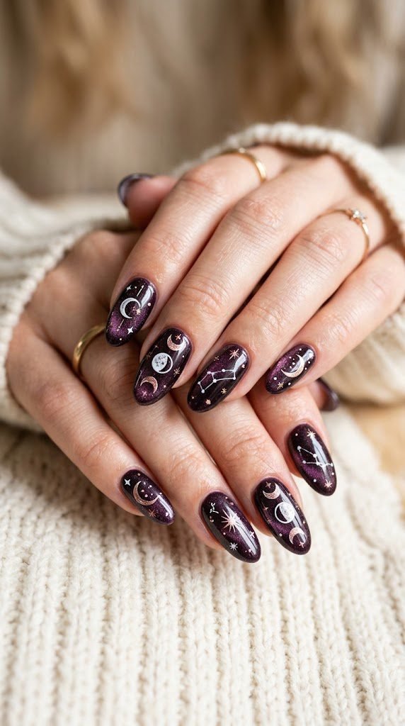 deep plum noir magnetic velvet oval nails with white and rose gold constellation starburst autumn art
