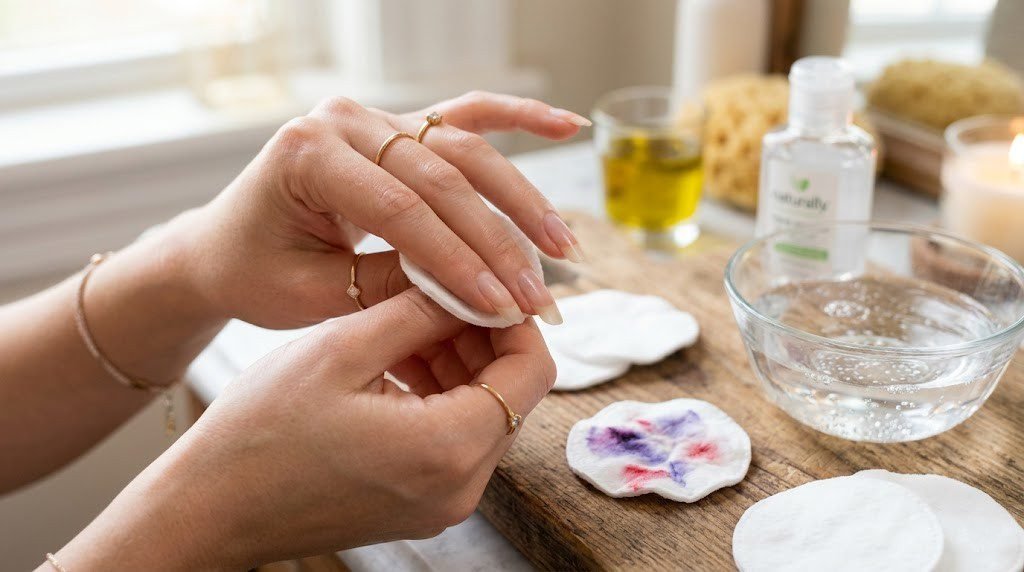 Woman demonstrating how to remove nail polish without remover using a cotton pad and household alternatives